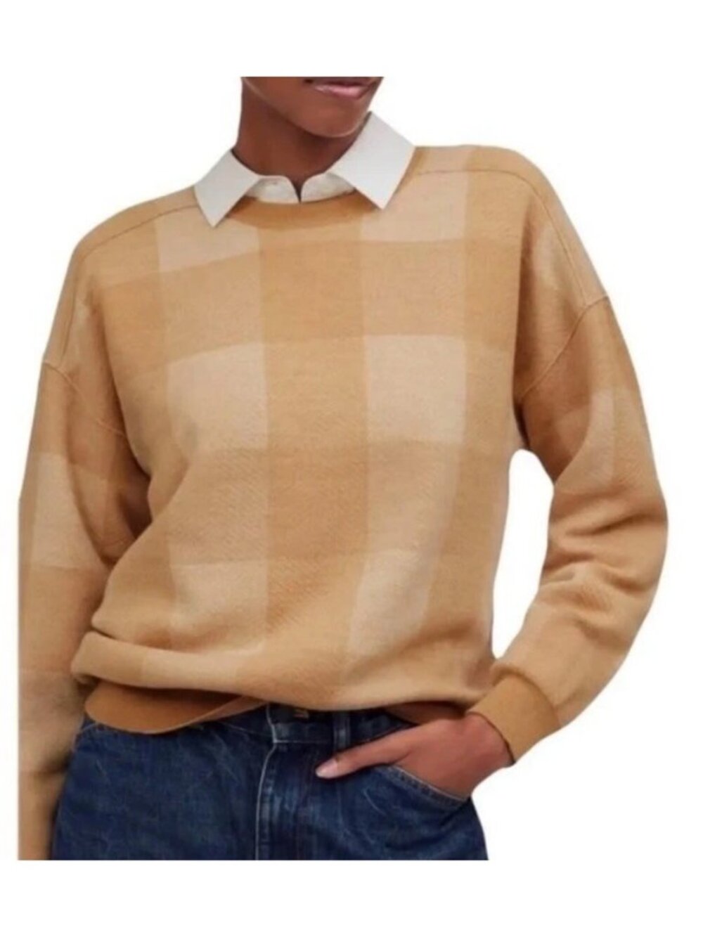 Madewell Women's Beige Merino Wool Plaid Pullover Crewneck Sweater - Medium
